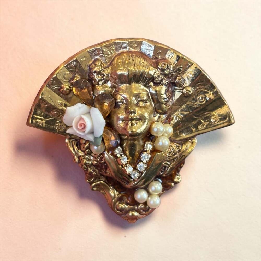 Golden Lady Fan Brooch Artisan Assemblage Rose Pearl Rhinestone Romance
